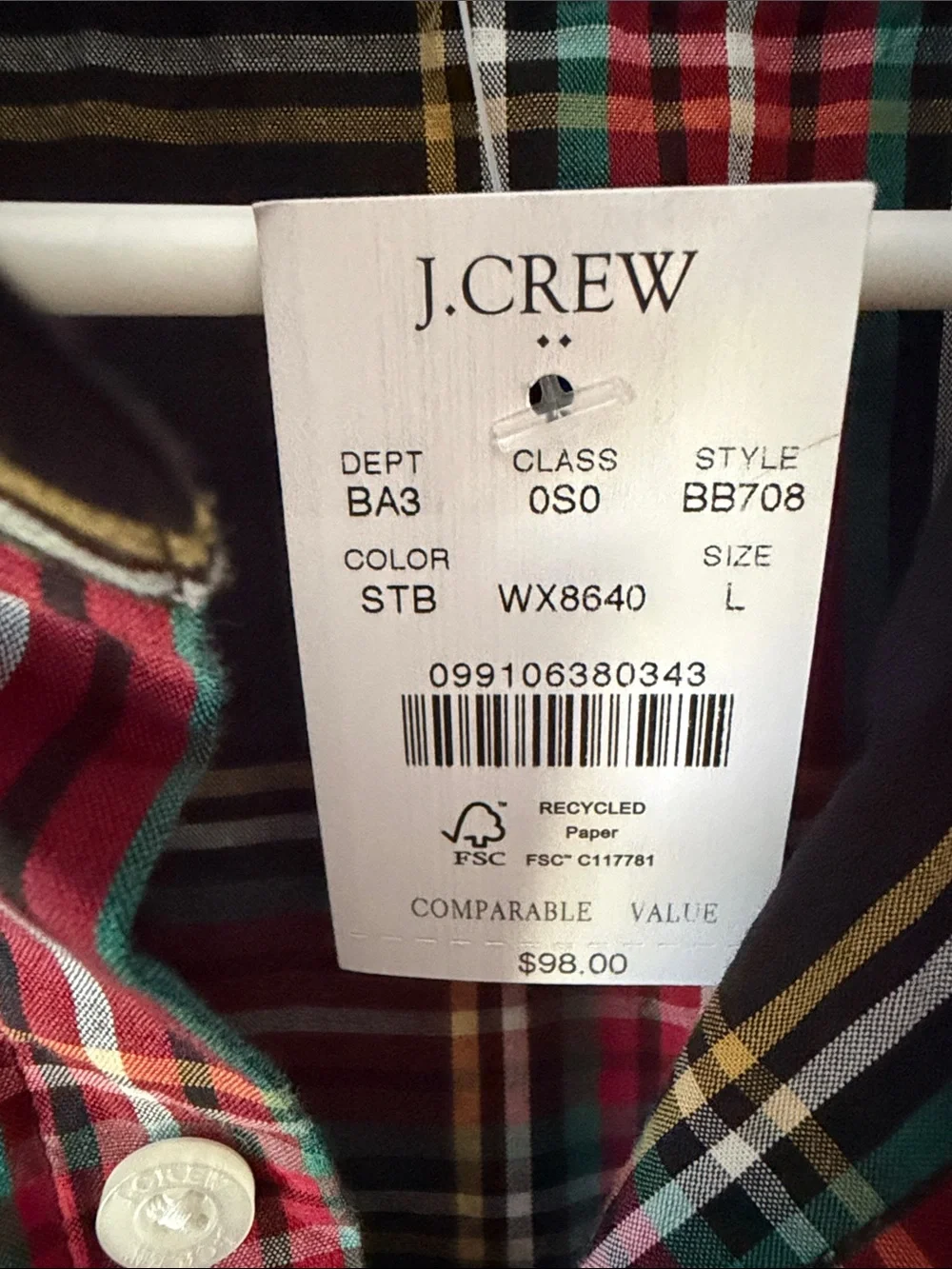 J. Crew Black Plaid Button-Down Shirt with Red, Green & Yellow Stripes
